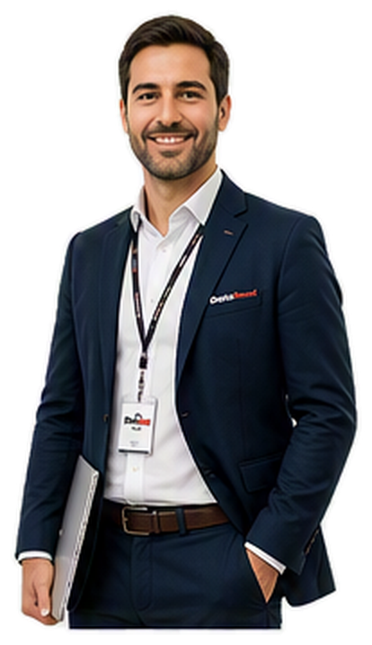Smiling man in a navy suit with a lanyard and name badge, holding a laptop under his arm.