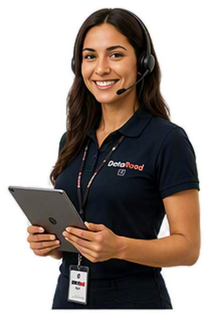 Customer service representative wearing a headset, holding a tablet, ready to assist.
