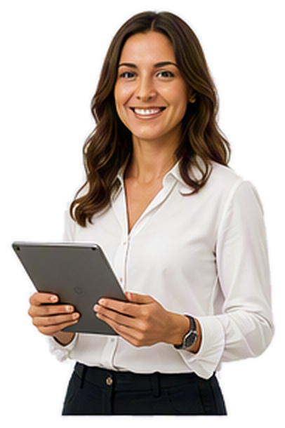 Smiling woman in a white blouse holding a tablet computer, looking at the camera.