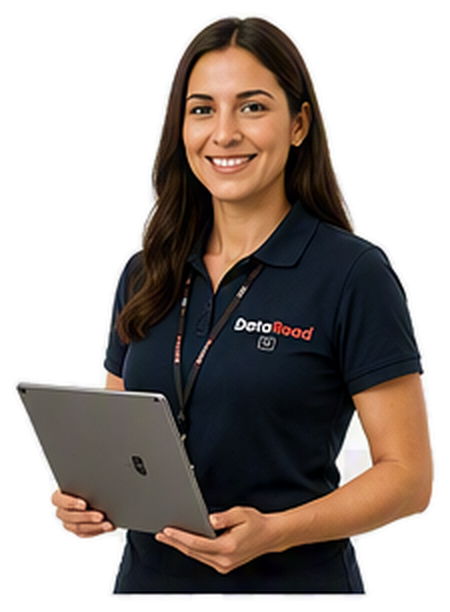 Woman in a navy DataRoad polo shirt, holding a silver laptop and smiling.