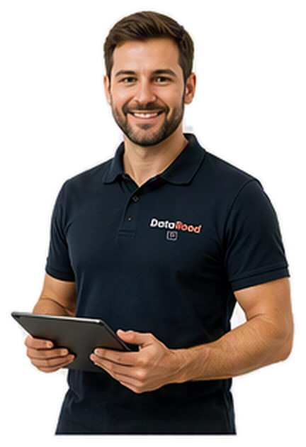 Smiling man in a dark polo shirt holding a tablet, suggesting a staff member ready to assist.