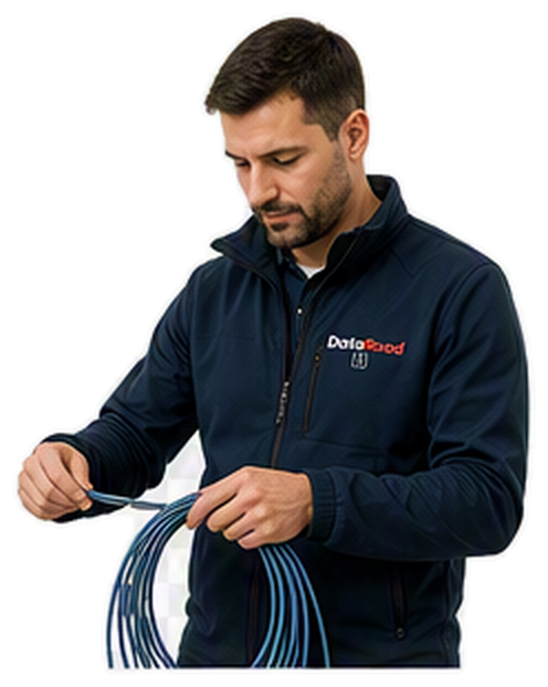 Techniker in einer Marinejacke, der blaue Netzwerkkabel aufwickelt