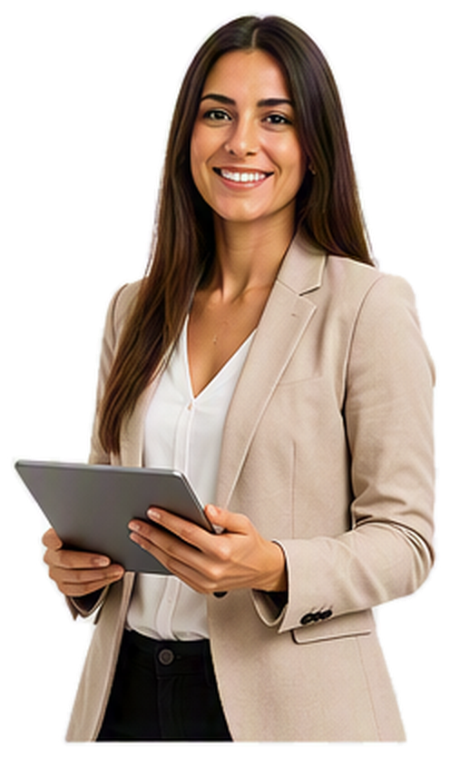 Businesswoman in a beige blazer holding a tablet and smiling.