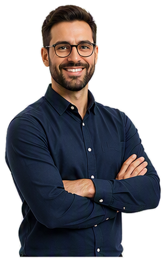 Smiling man with glasses in a navy button-down shirt, arms crossed.