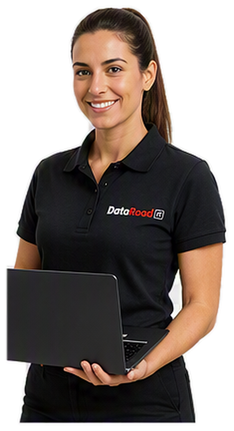 Smiling woman in a black DataRoad polo holding a laptop, ready to assist.