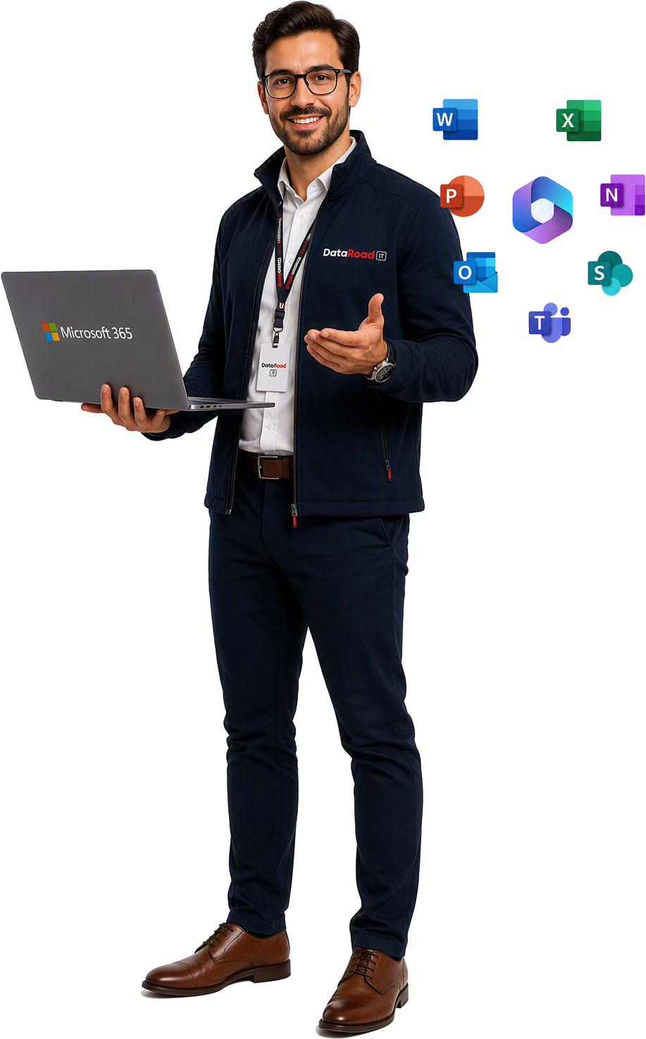 Man in a DataRoad jacket holds a laptop labeled Microsoft 365 with colorful Office app icons orbiting a blue hub beside him.