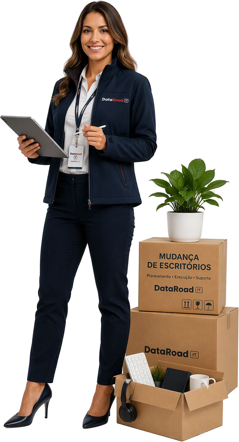 Woman in DataRoad uniform holds a tablet and pen during an office move, with labeled moving boxes and a plant nearby.