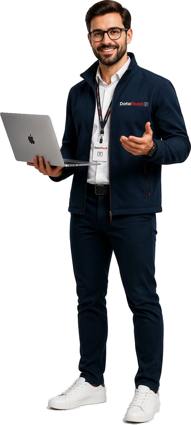Smiling man in a dark jacket holding a laptop and gesturing as he presents. (Professional tech presenter)